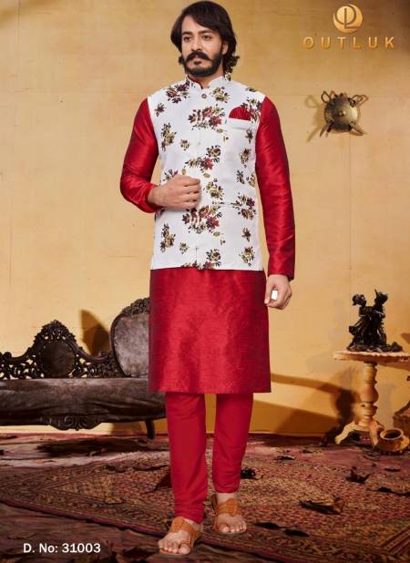 Red And White Colour Exclusive Festive Wear Art Silk Digital Printed Kurta Pajama With Jacket Mens Collection 31003